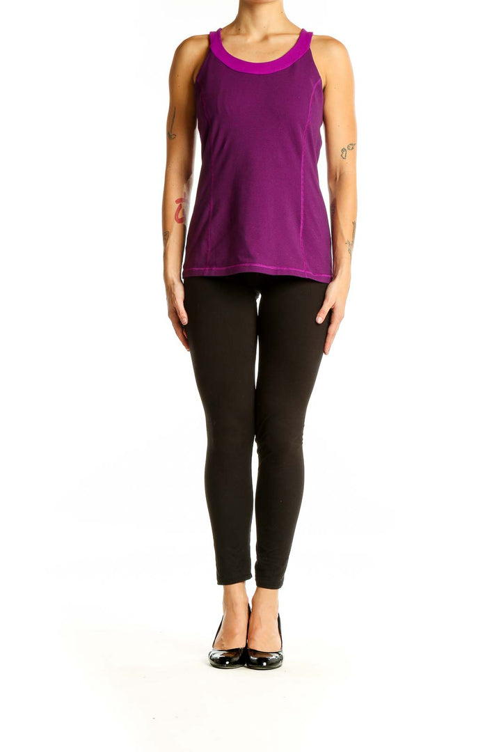 Front view of purple Lululemon tank top with scoop neckline