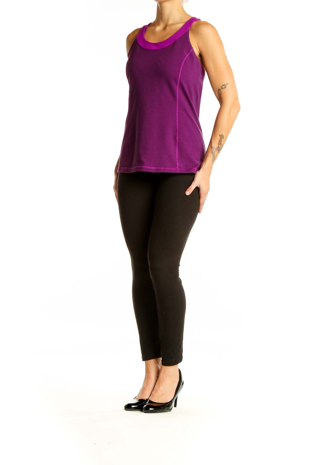 Front view of purple Lululemon tank top with scoop neckline