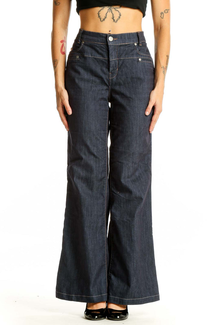 Front view of United Colors of Benetton dark blue wide-leg denim jeans