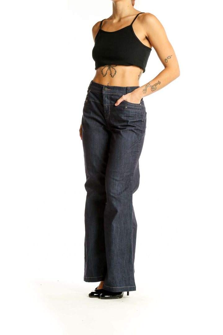 Front view of United Colors of Benetton dark blue wide-leg denim jeans