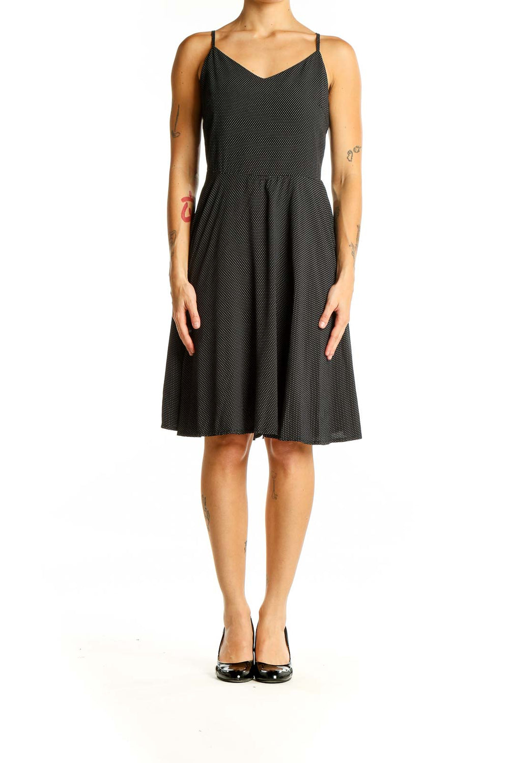 Front view of Gap black polka dot sundress with V-neckline and thin straps