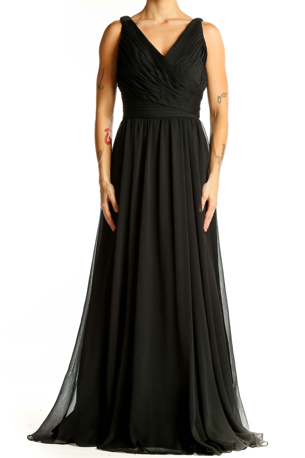 Front view of black V-neck chiffon evening gown by Morilee Madeline Gardner