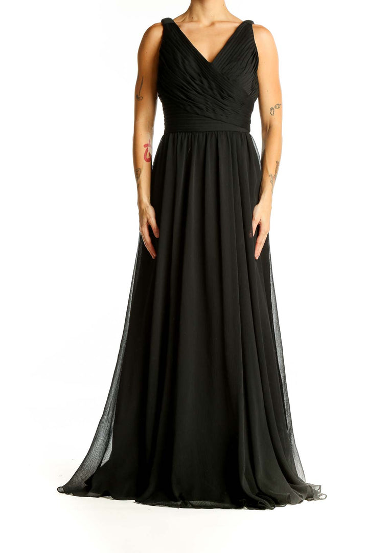 Front view of black V-neck chiffon evening gown by Morilee Madeline Gardner