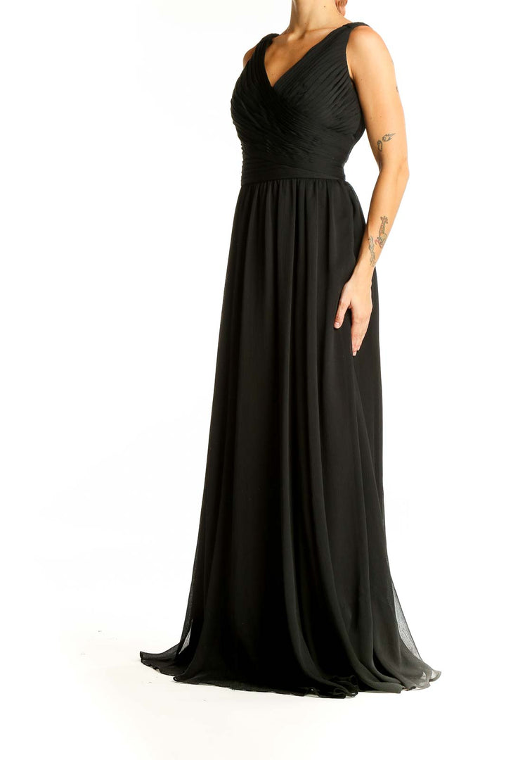 Front view of black V-neck chiffon evening gown by Morilee Madeline Gardner