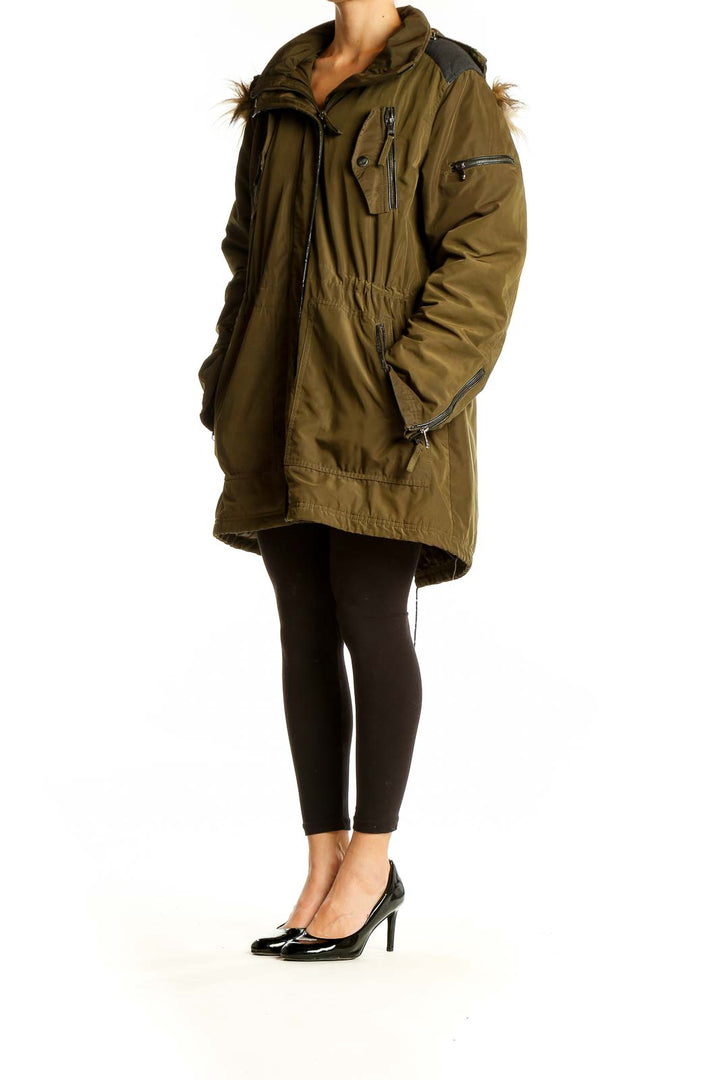 Front view of olive green Steve Madden parka jacket with faux fur-trimmed hood