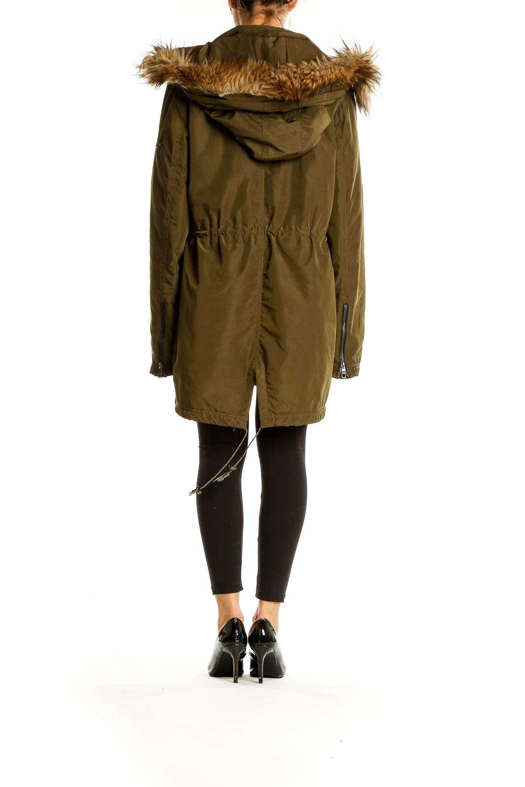 Back view of olive green Steve Madden parka jacket showing length and fit