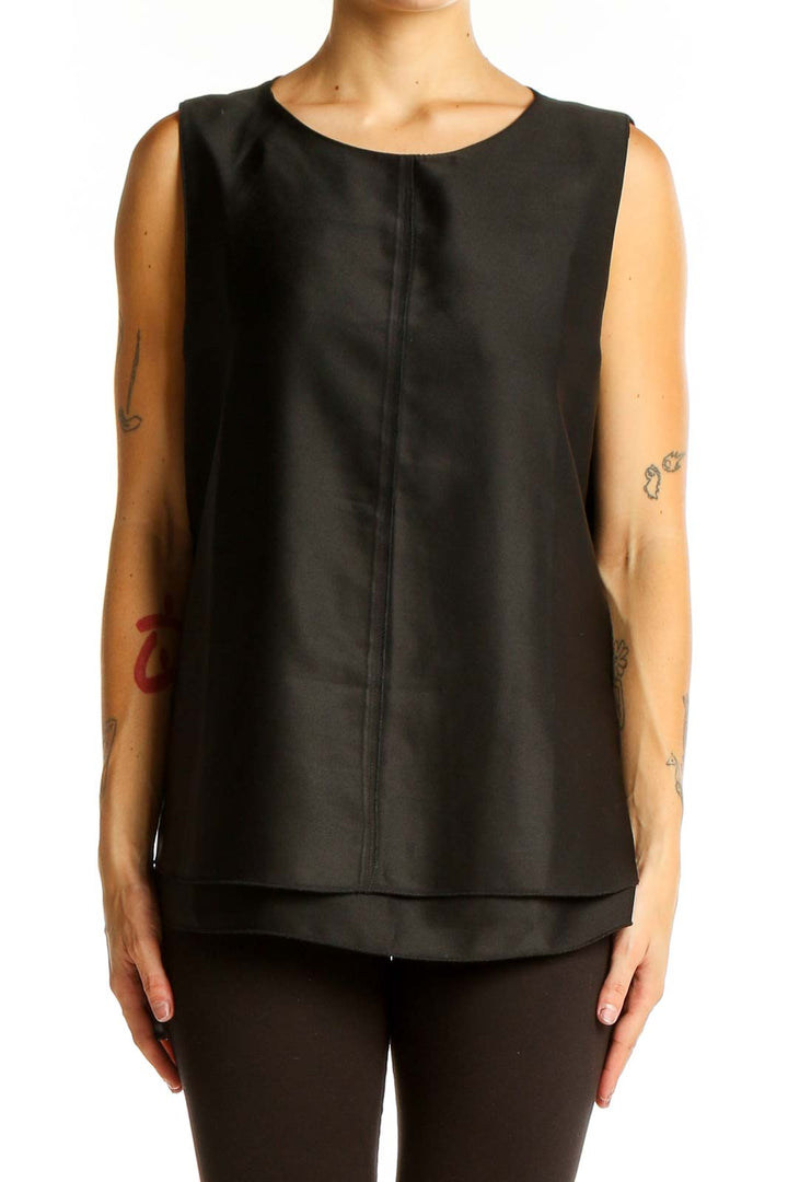 Front view of Zara Basic black sleeveless layered top on model