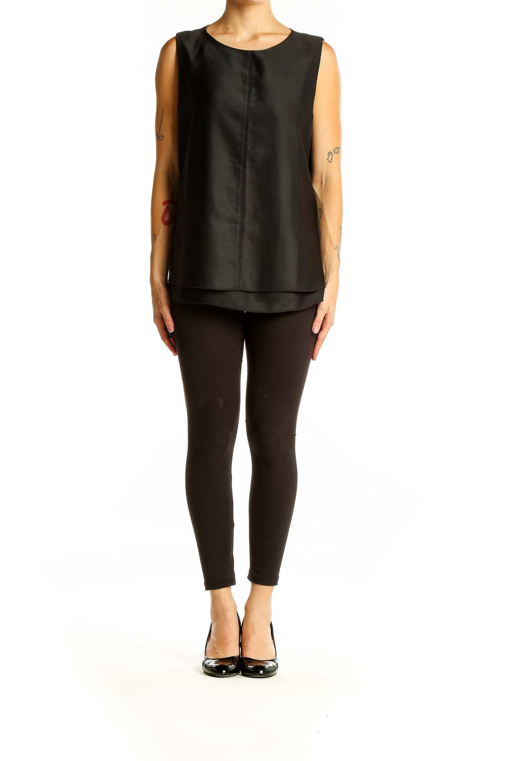 Front view of Zara Basic black sleeveless layered top on model