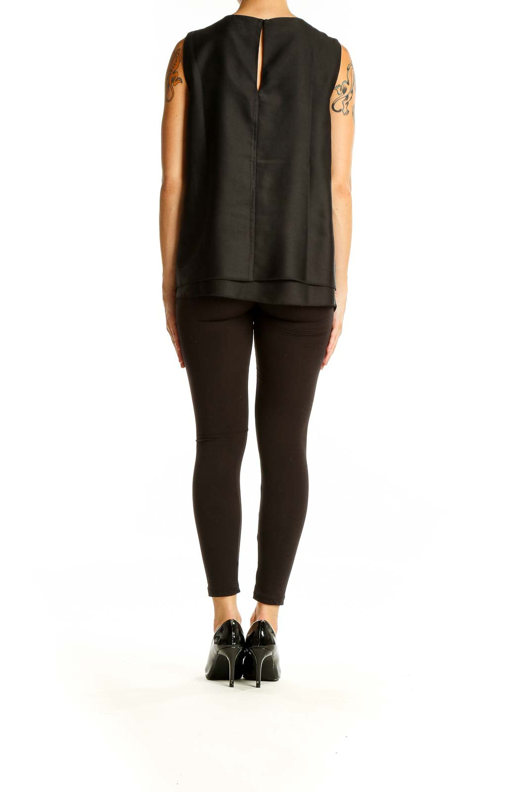 Back view of Zara Basic black sleeveless layered top on model