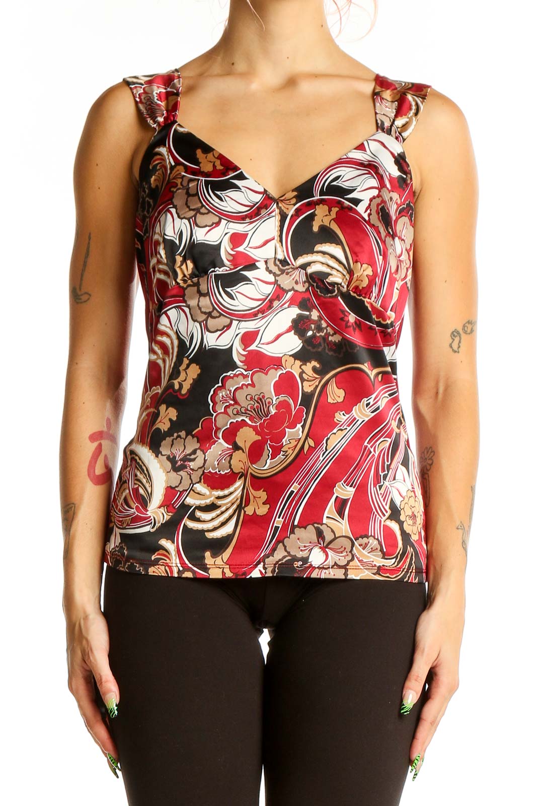 Front view of Ann Taylor red floral print sleeveless top with sweetheart neckline