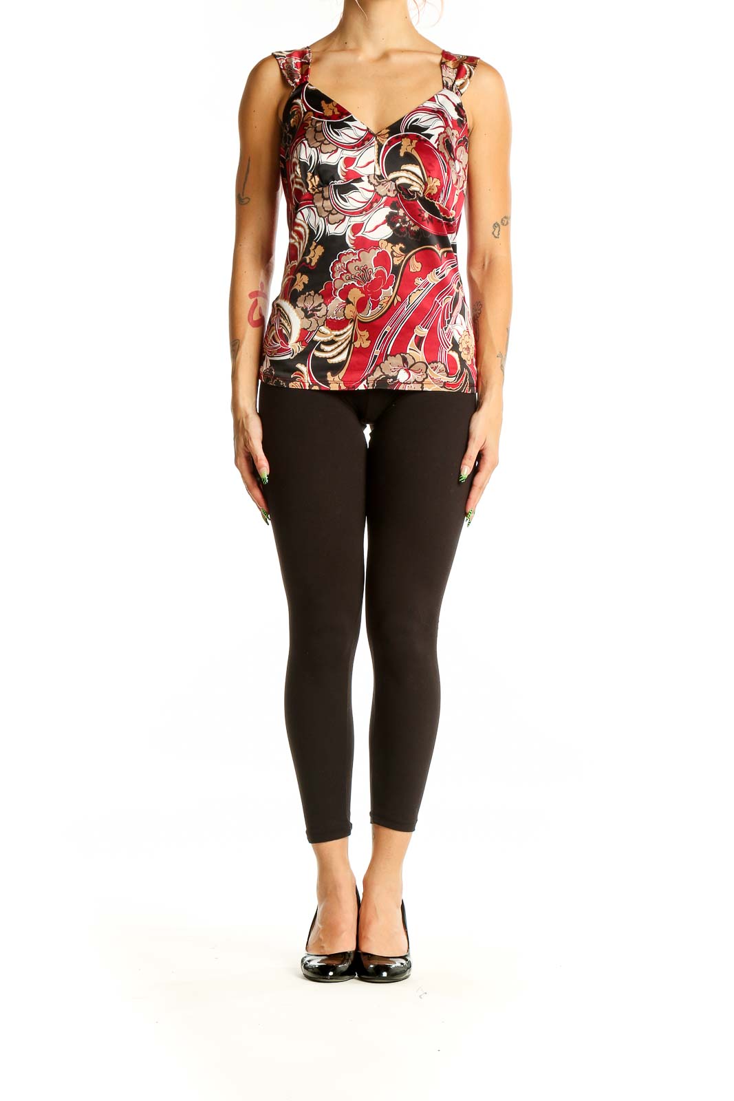 Front view of Ann Taylor red floral print sleeveless top with sweetheart neckline