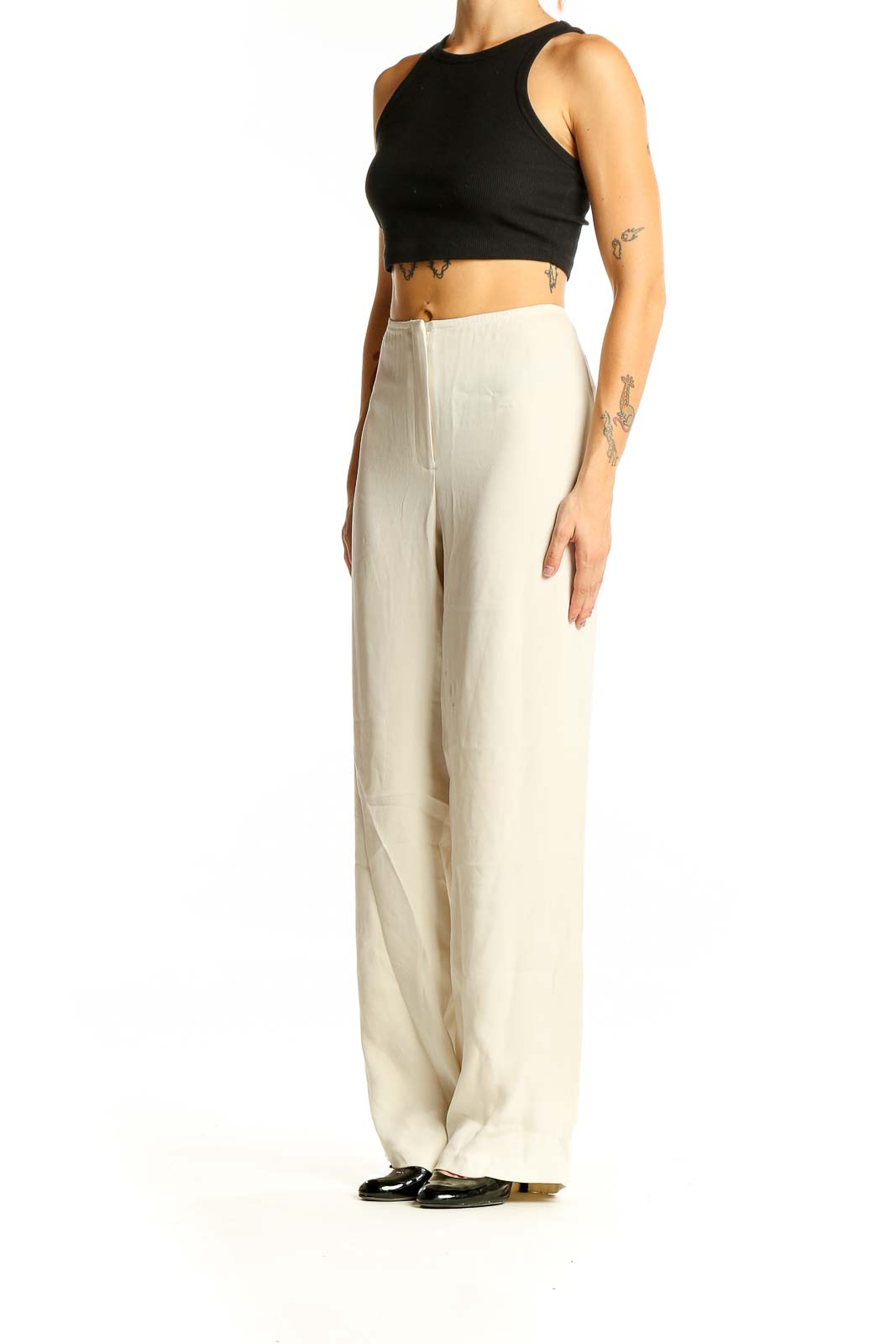 Front view of Eileen Fisher cream wide-leg flowy pants