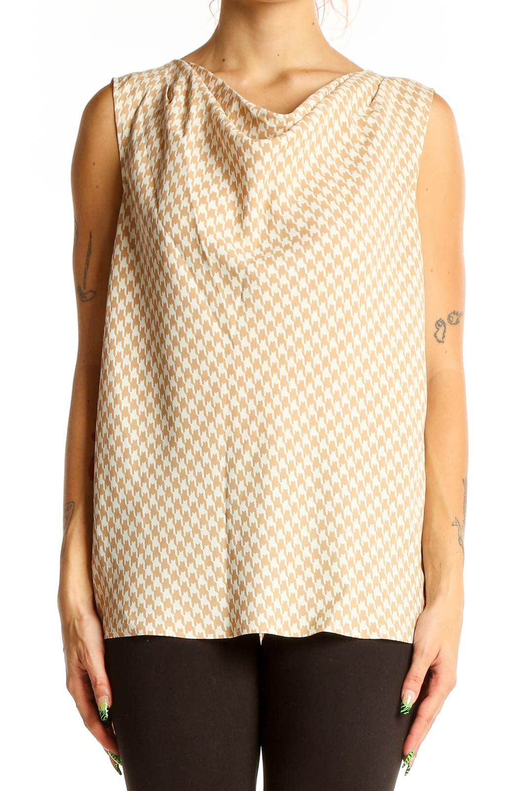 Front view of Talbots beige houndstooth sleeveless blouse with cowl neckline