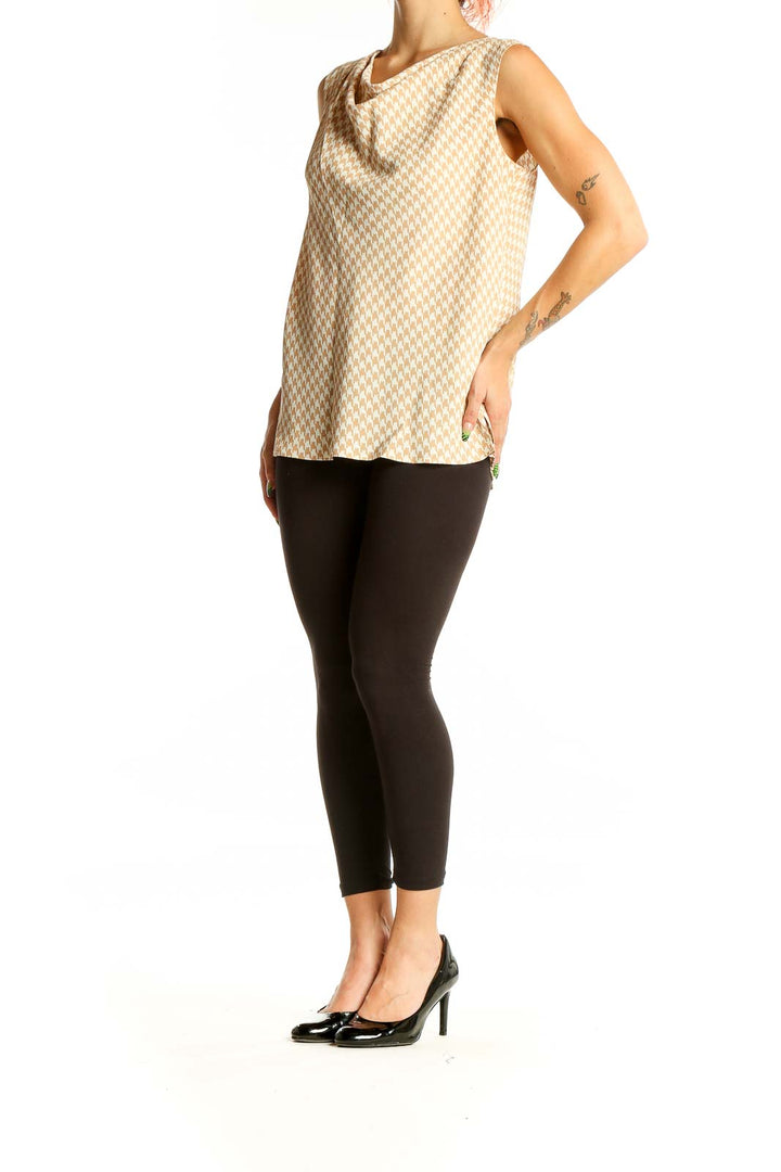 Front view of Talbots beige houndstooth sleeveless blouse with cowl neckline