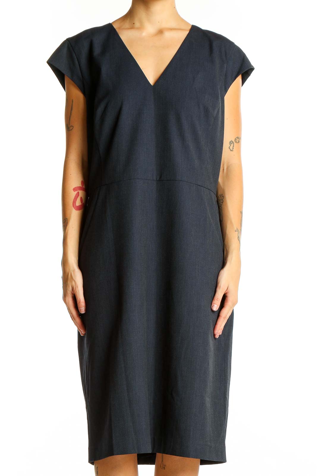 Front view of Ann Taylor navy V-neck cap sleeve midi dress