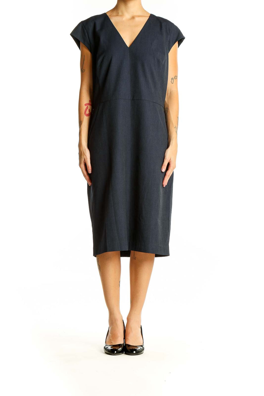 Front view of Ann Taylor navy V-neck cap sleeve midi dress