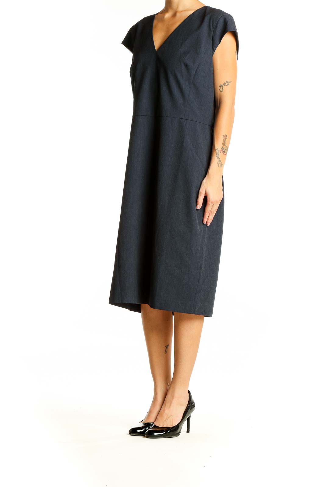 Front view of Ann Taylor navy V-neck cap sleeve midi dress