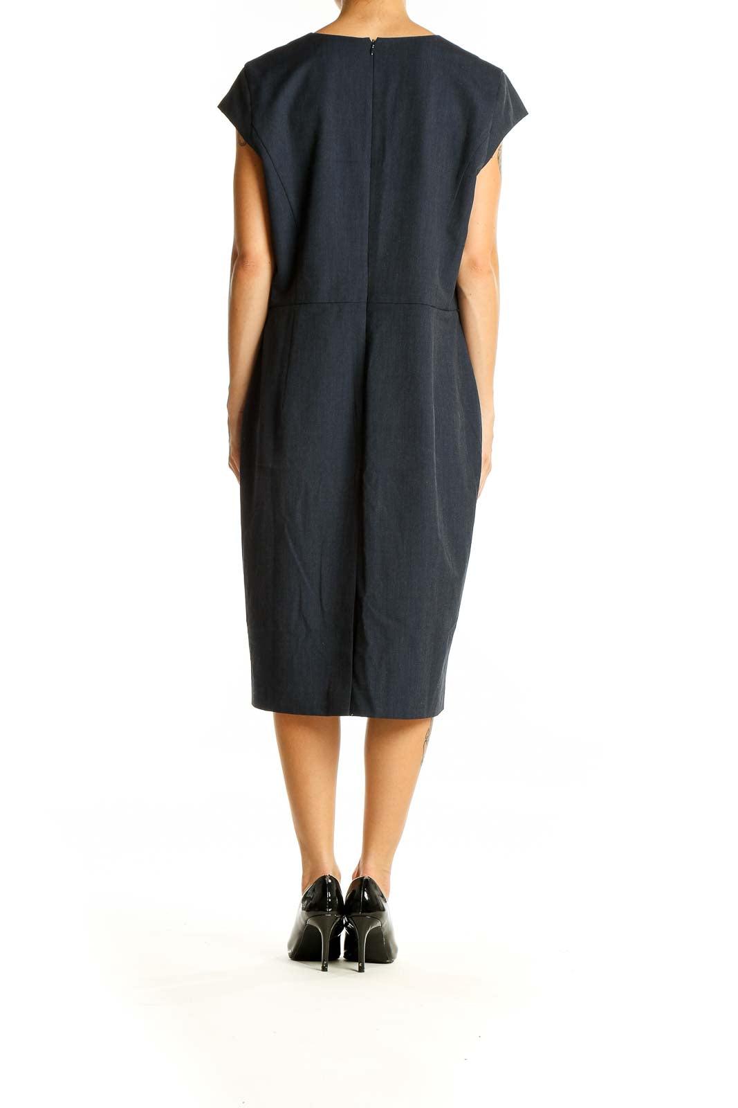 Back view of Ann Taylor navy V-neck cap sleeve midi dress