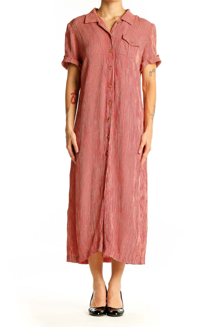 Front view of Talbots red gingham button-down maxi dress