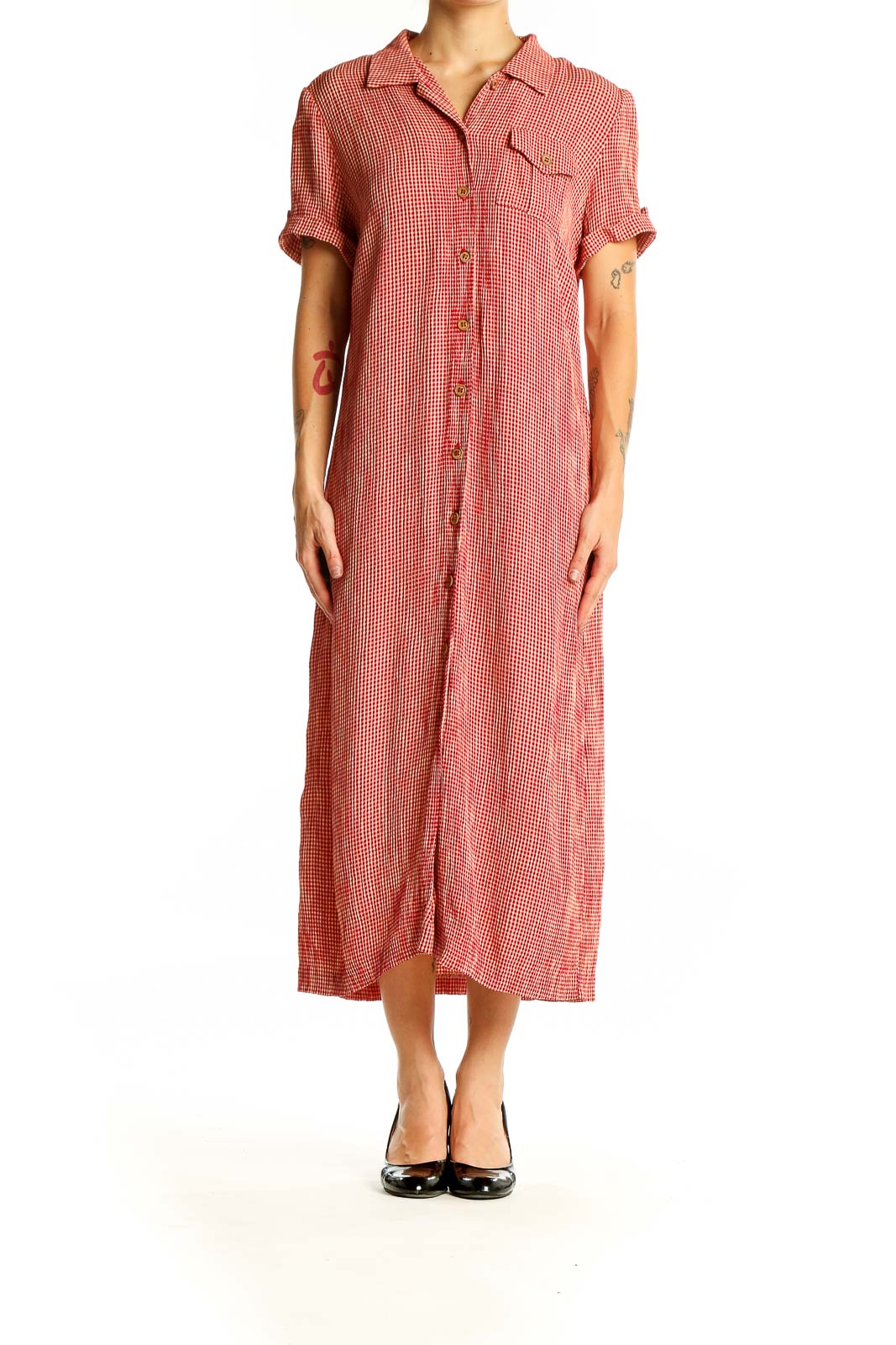 Front view of Talbots red gingham button-down maxi dress