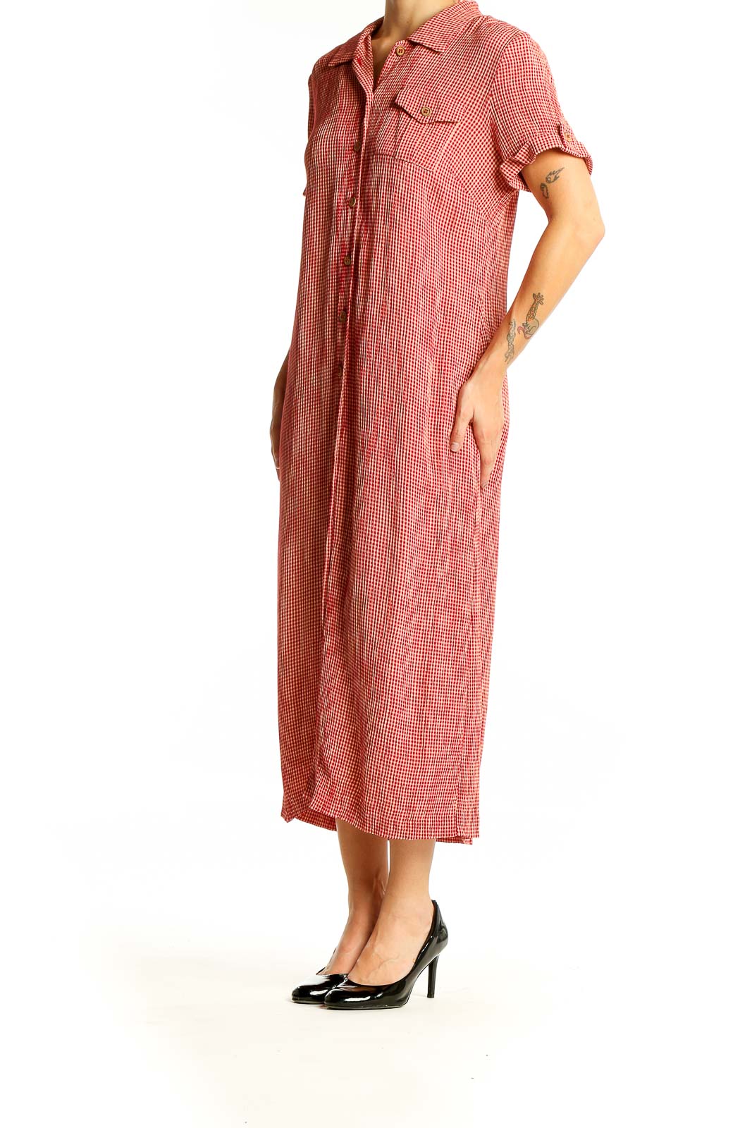 Front view of Talbots red gingham button-down maxi dress