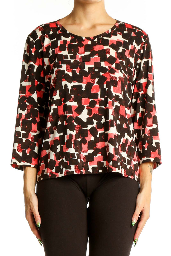 Front view of Laura Ashley red abstract print blouse with 3/4 sleeves