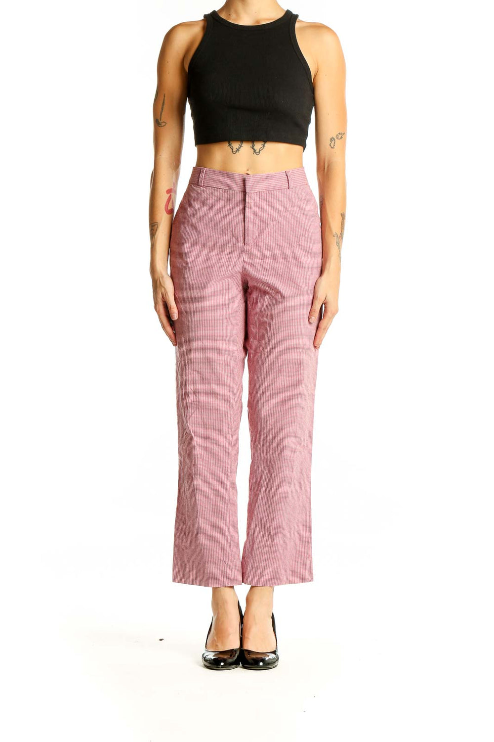 Front view of Avery pink striped cropped pants on model