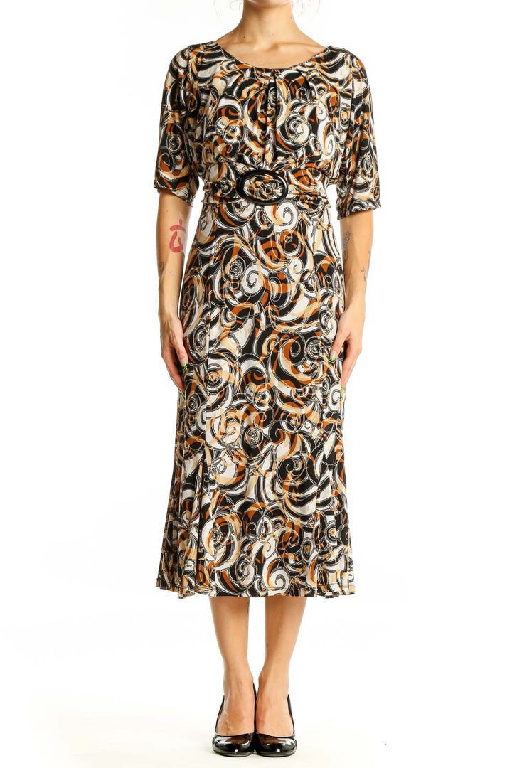 Front view of Julian Taylor Black and Orange Swirl Print Midi Dress