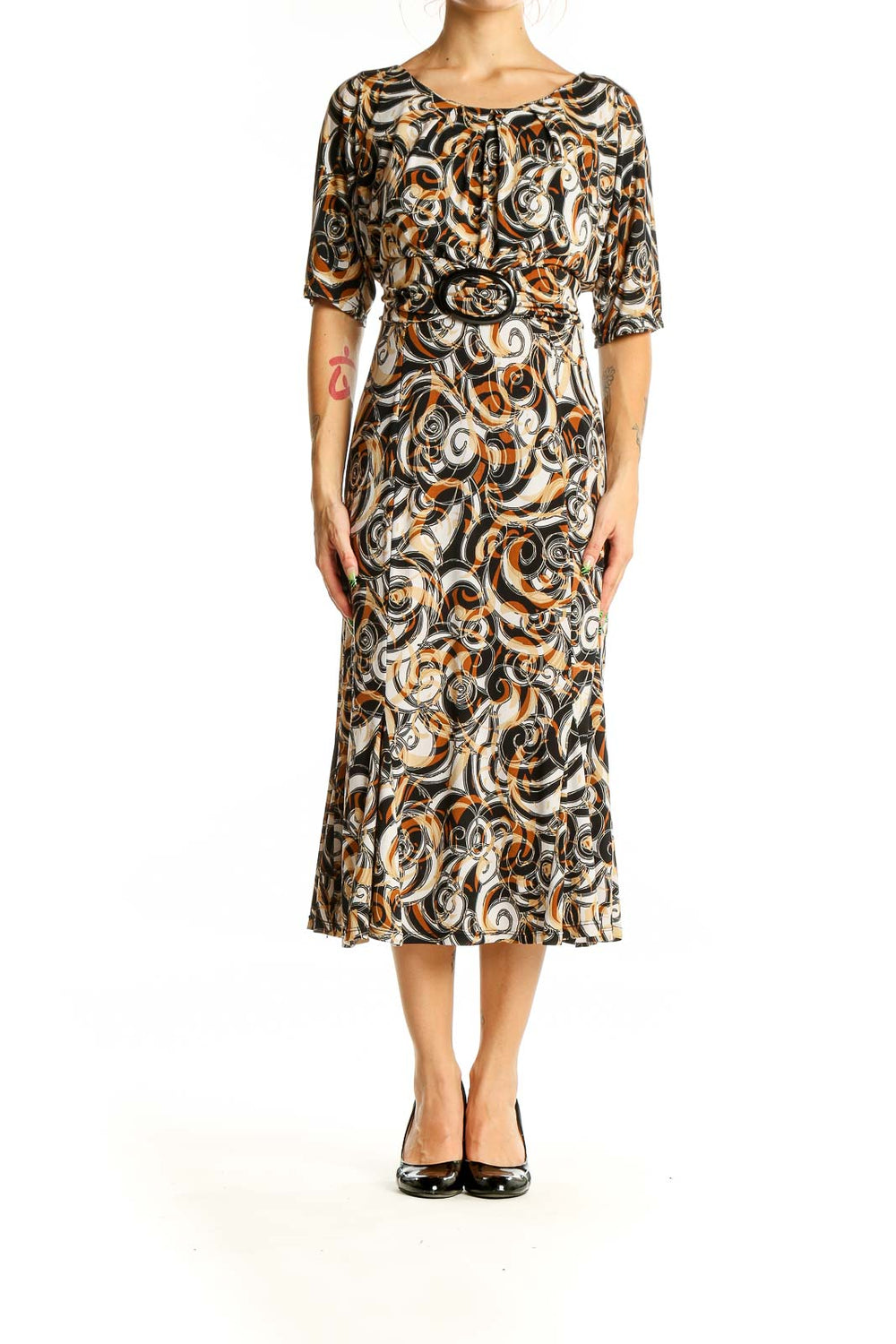 Front view of Julian Taylor Black and Orange Swirl Print Midi Dress