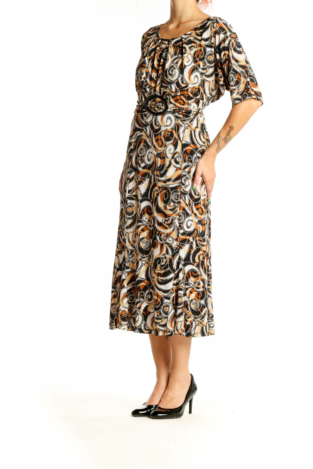 Front view of Julian Taylor Black and Orange Swirl Print Midi Dress