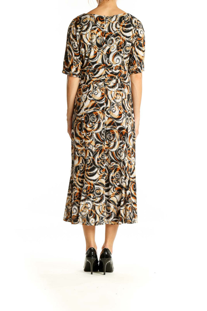 Back view of Julian Taylor Black and Orange Swirl Print Midi Dress