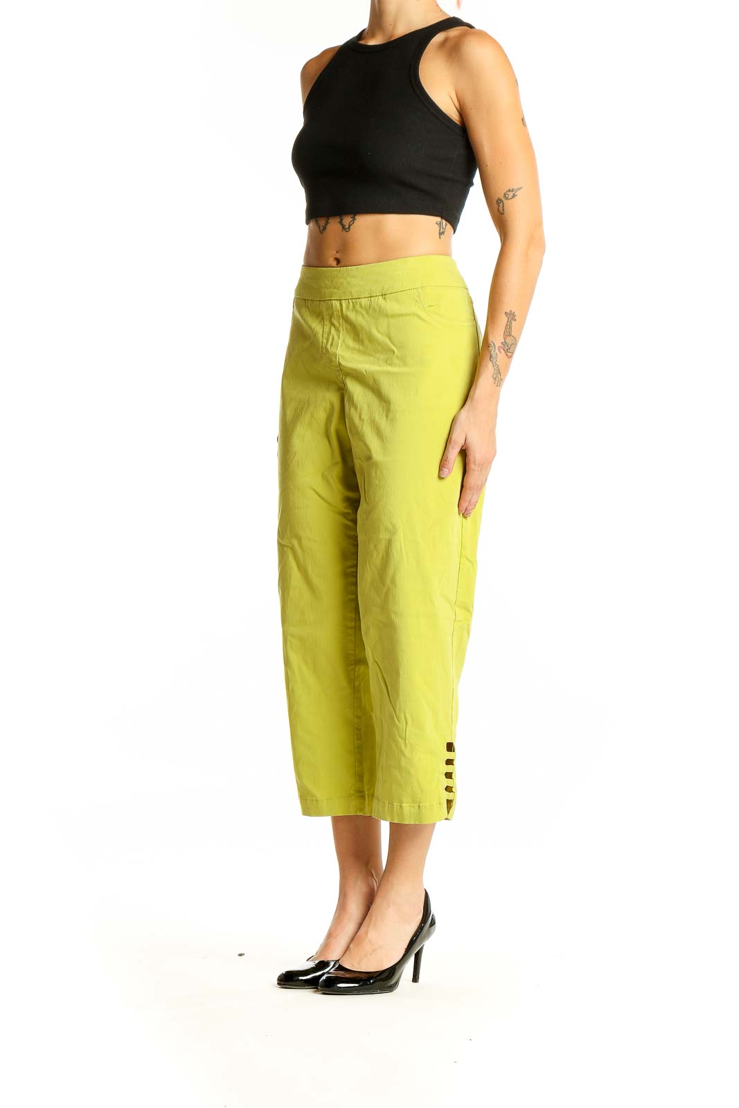 Front view of Slim-Sation lime green cropped wide-leg pants