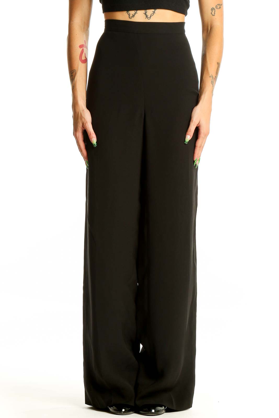 Front view of Lauren Ralph Lauren black wide-leg trousers