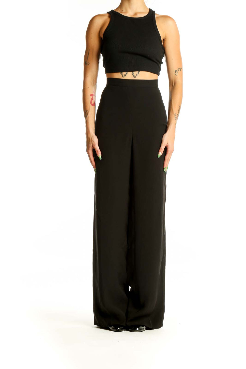 Front view of Lauren Ralph Lauren black wide-leg trousers