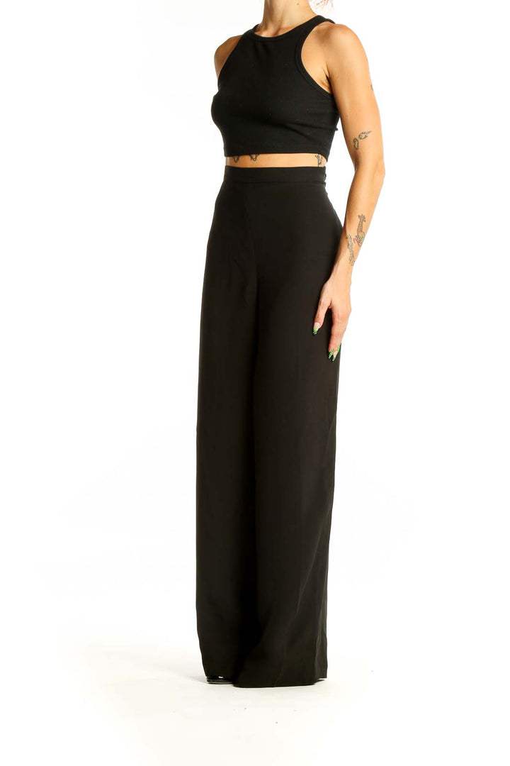 Front view of Lauren Ralph Lauren black wide-leg trousers