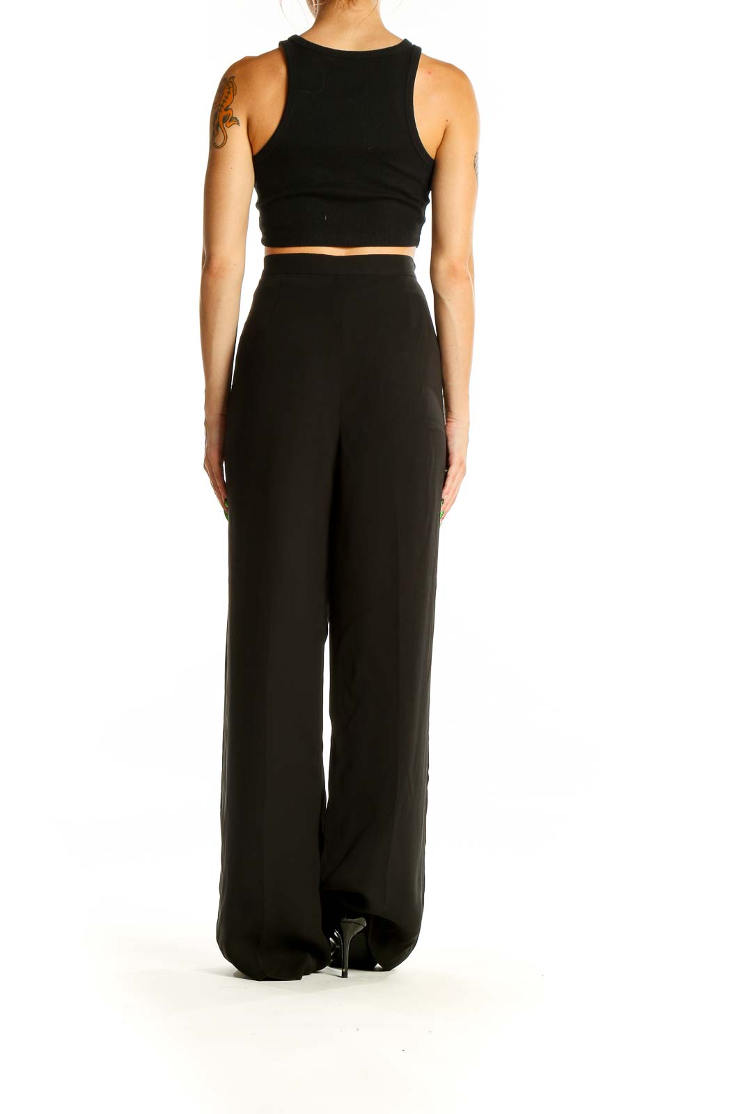 Back view of Lauren Ralph Lauren black wide-leg trousers on model