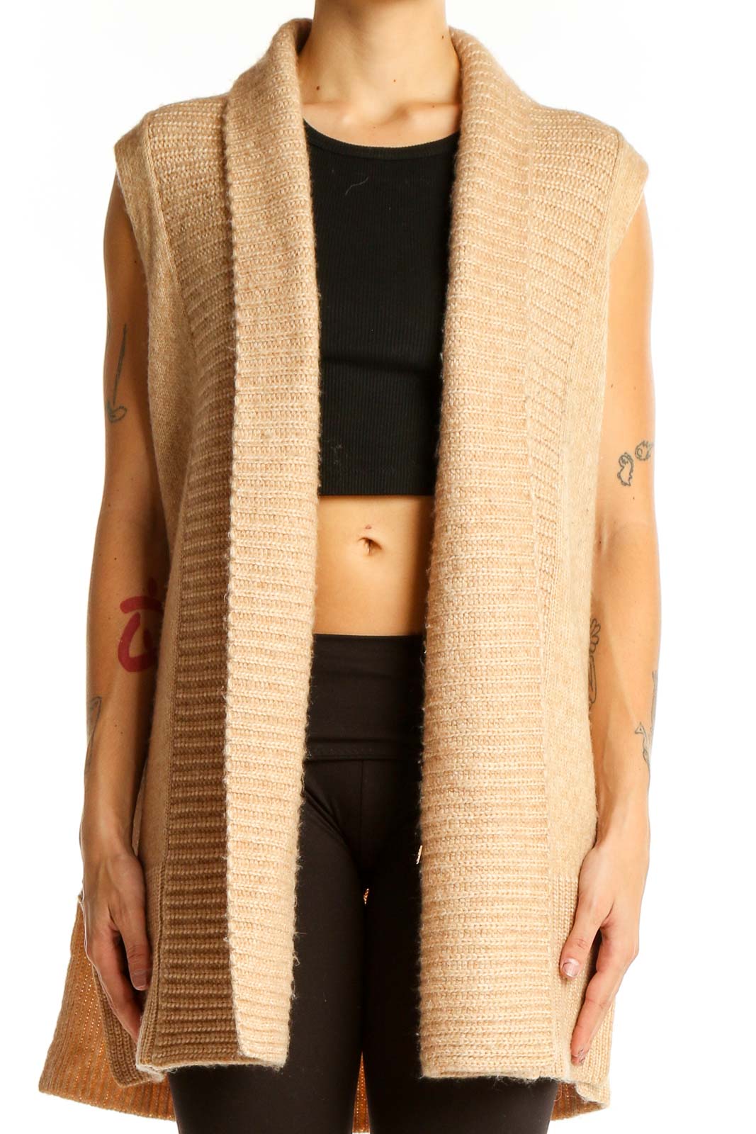 Front view of Ann Taylor beige sleeveless knit cardigan vest