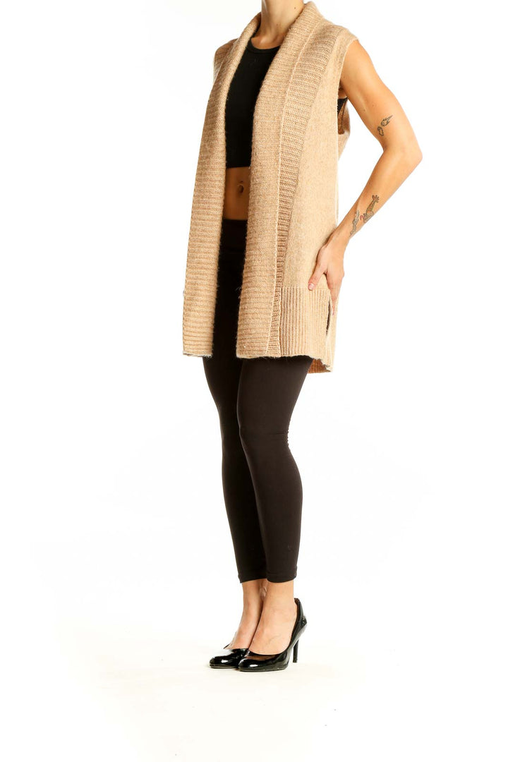 Front view of Ann Taylor beige sleeveless knit cardigan vest