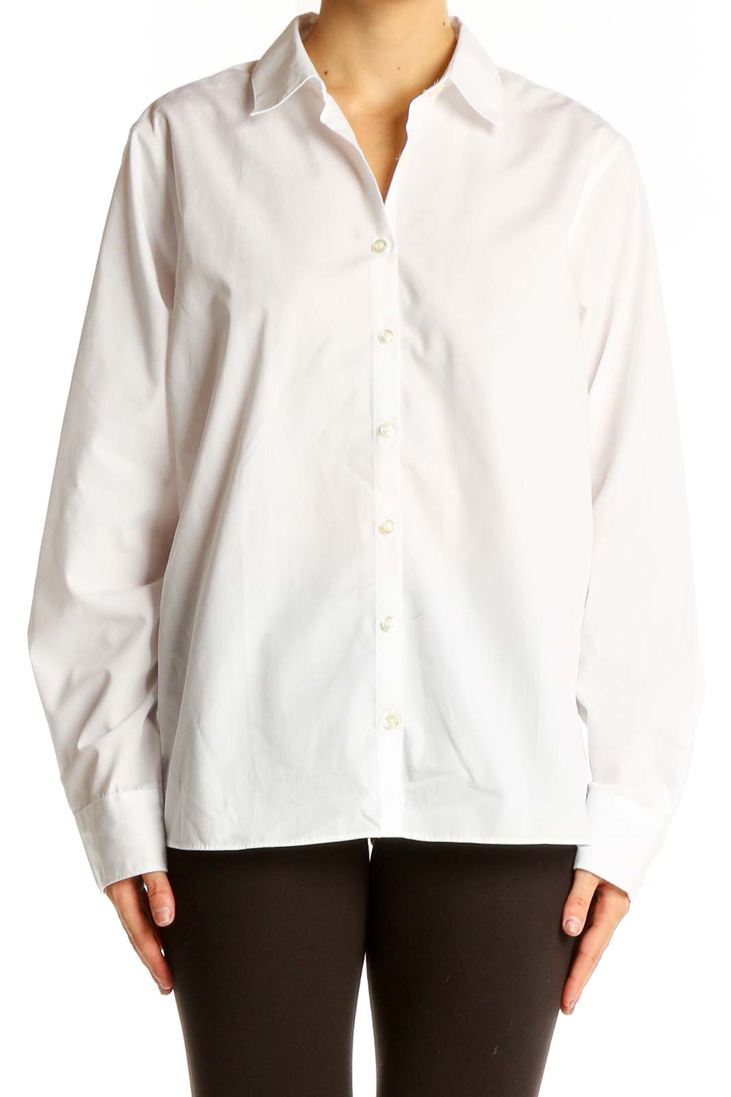 Front view of white Lands' End button-down shirt