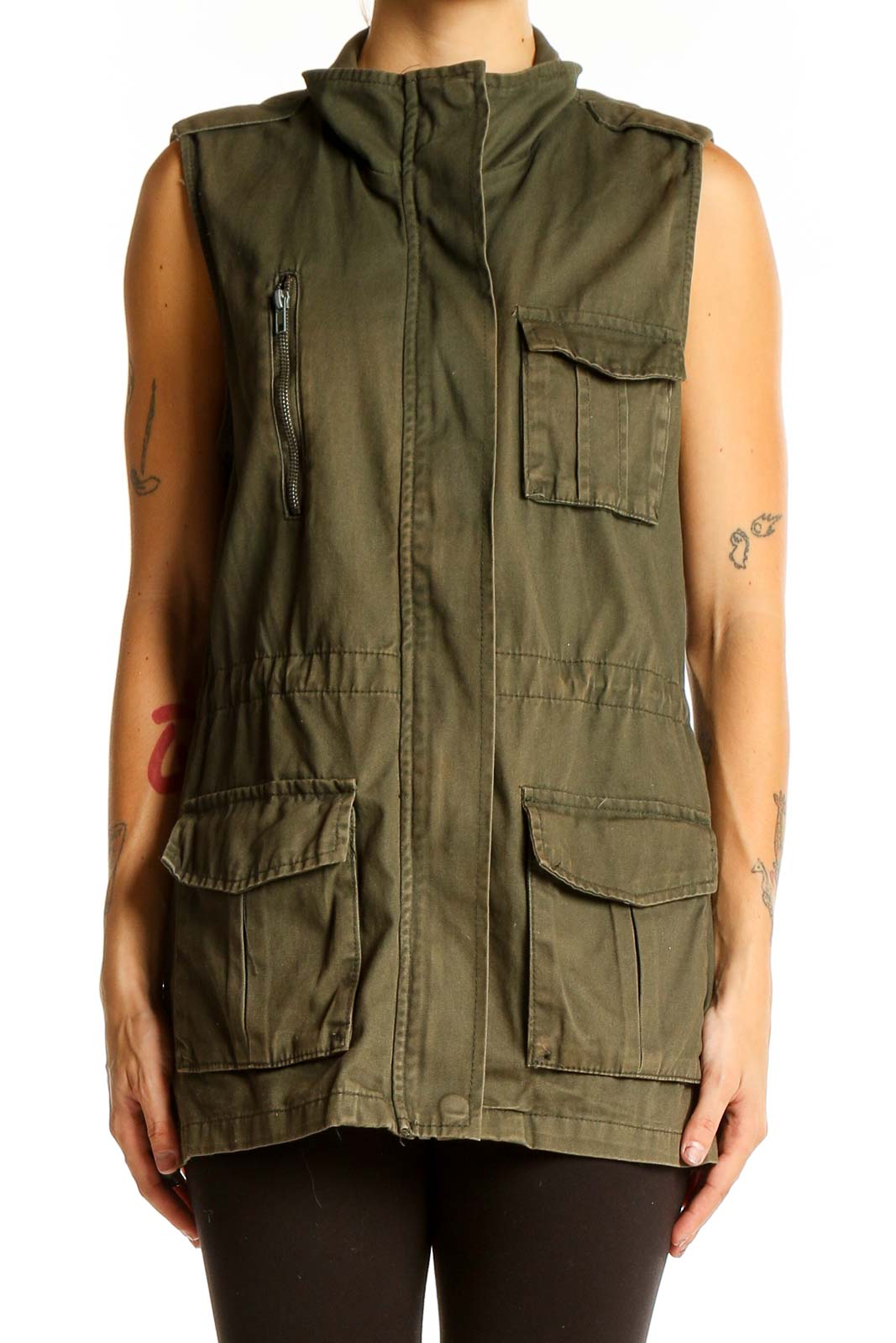 Front view of olive green cotton utility vest by Ashley by 26 International