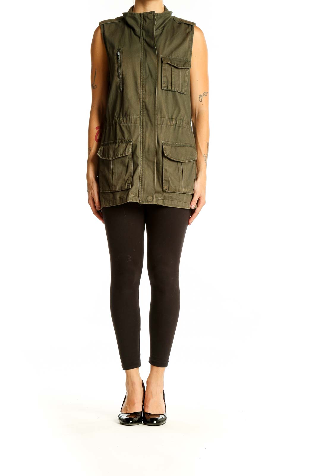 Front view of olive green cotton utility vest by Ashley by 26 International