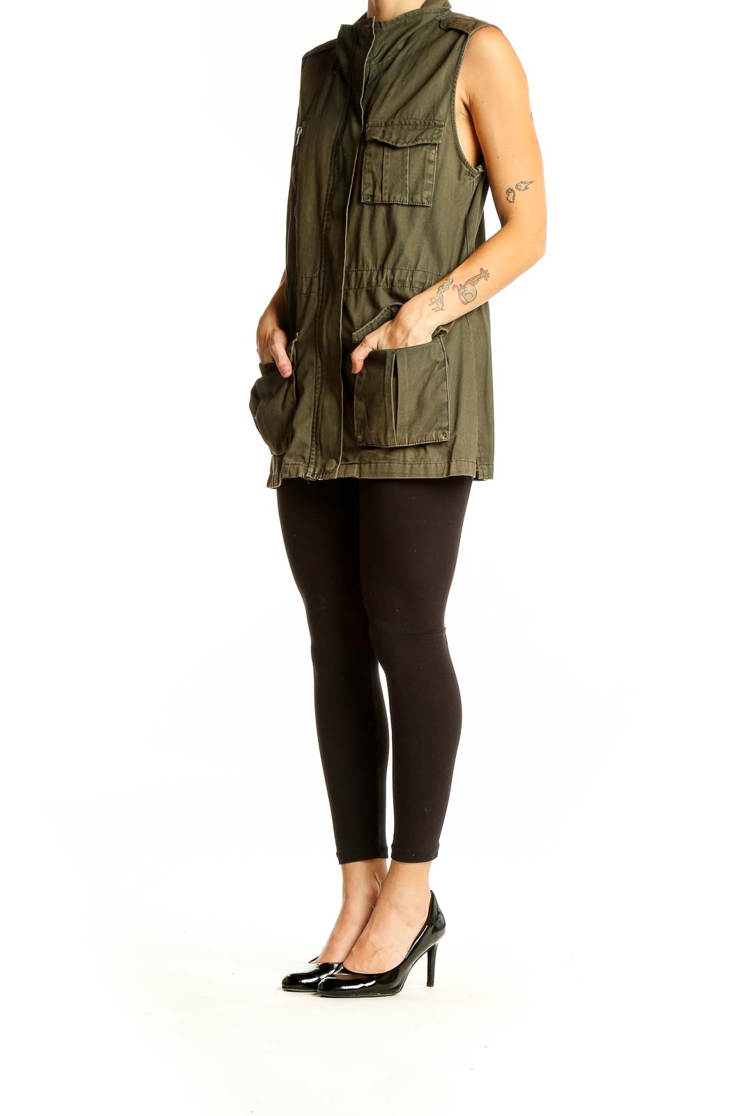 Front view of olive green cotton utility vest by Ashley by 26 International