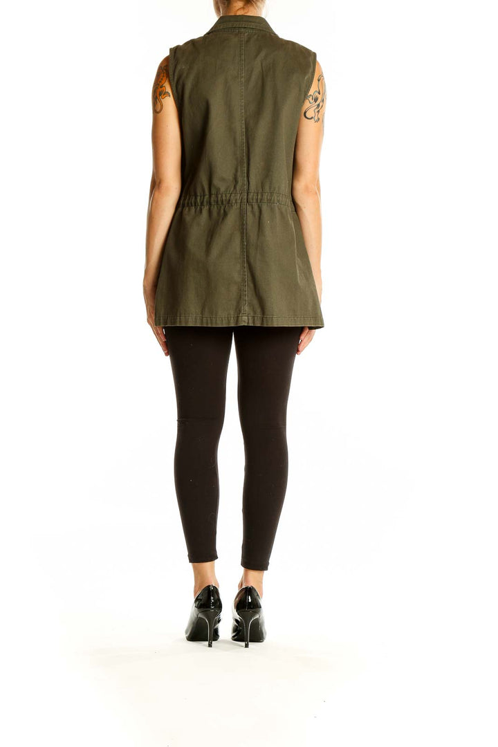 Back view of olive green cotton utility vest by Ashley by 26 International