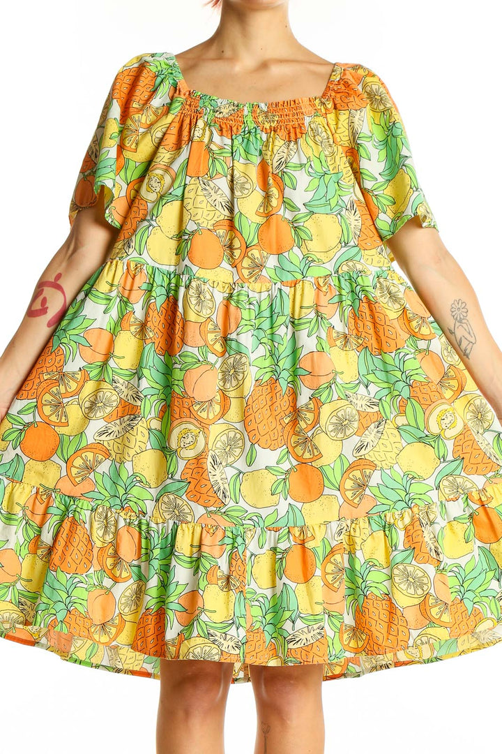 Front view of Peyton & Parker yellow citrus print off-shoulder cotton dress