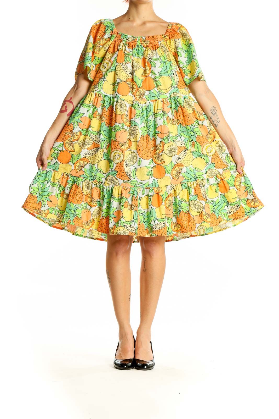 Front view of Peyton & Parker yellow citrus print off-shoulder cotton dress