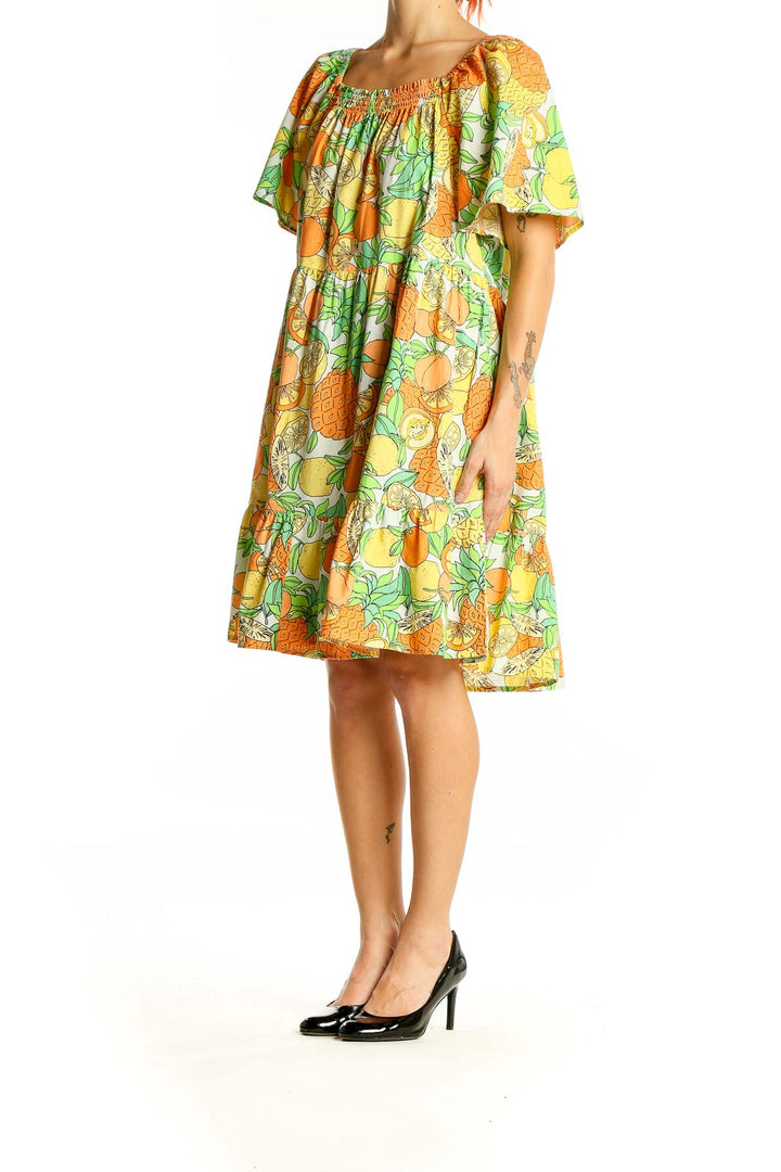 Front view of Peyton & Parker yellow citrus print off-shoulder cotton dress