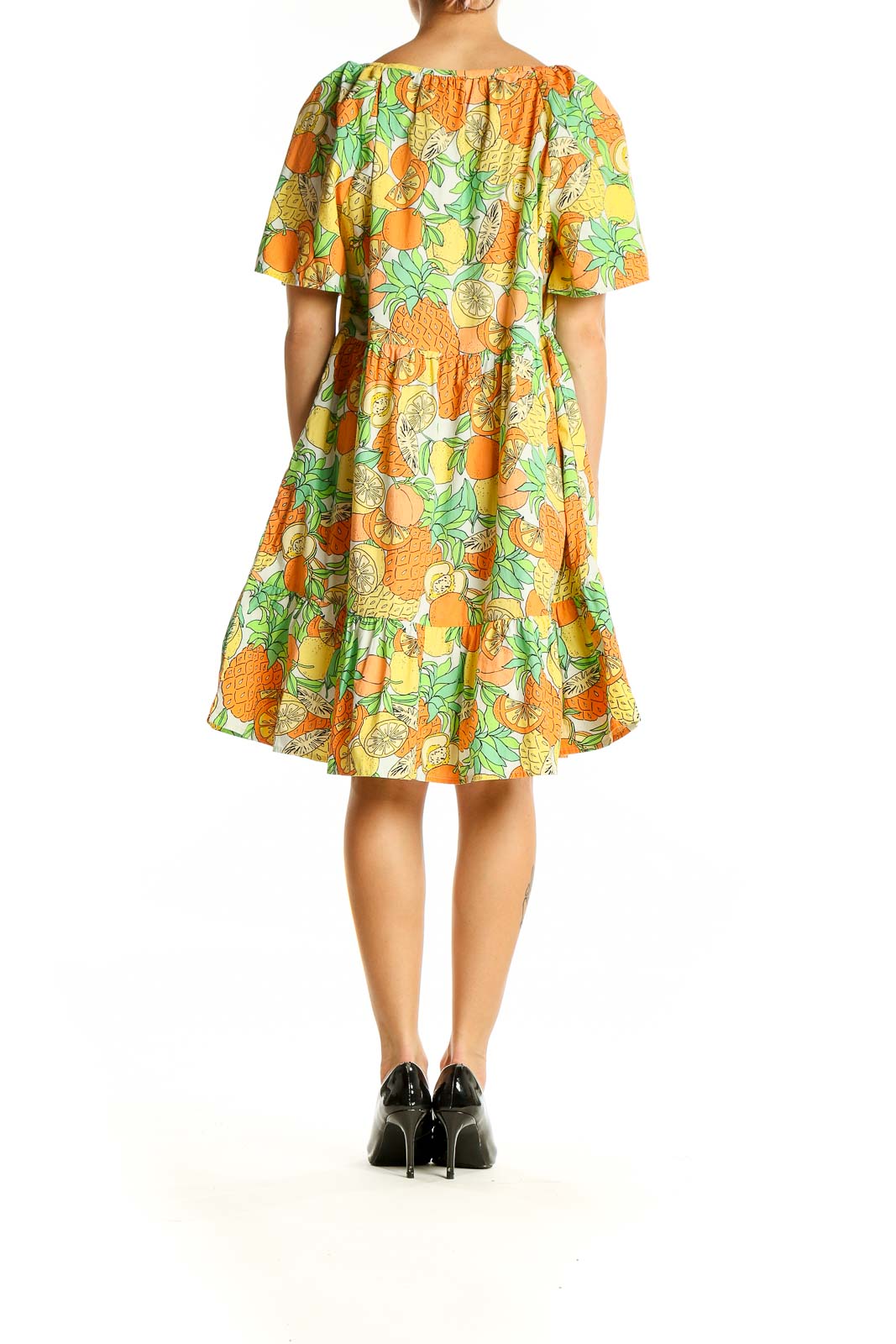 Back view of Peyton & Parker yellow citrus print tiered cotton dress