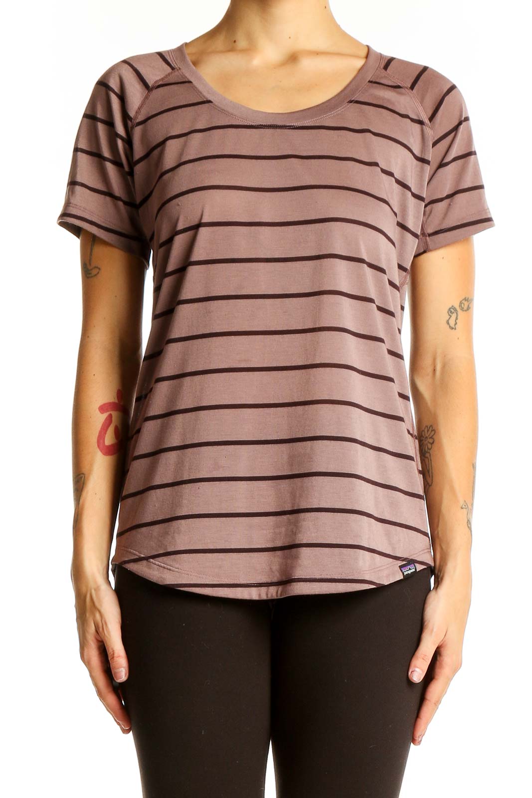 Front view of Patagonia mauve striped short-sleeve t-shirt on model