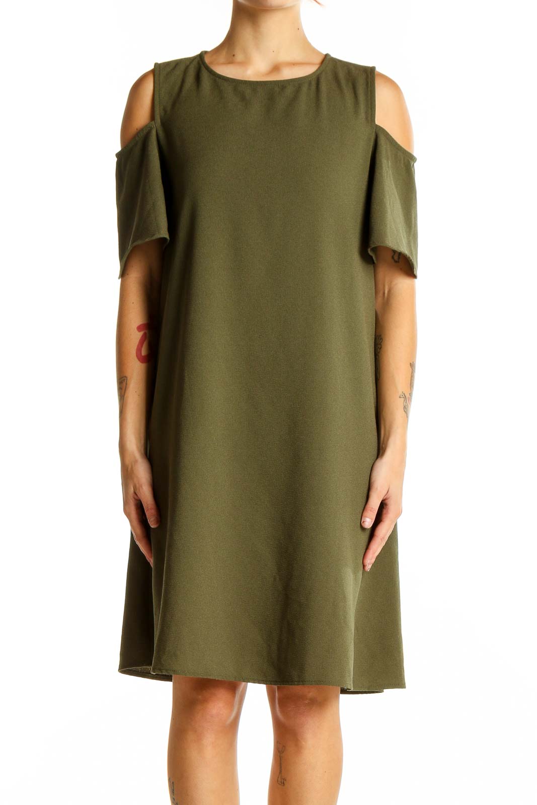 Front view of olive green Bobeau cold shoulder A-line dress