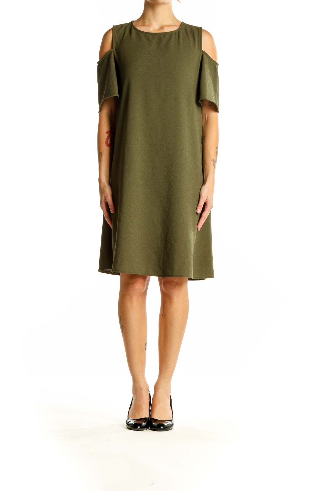 Front view of olive green Bobeau cold shoulder A-line dress